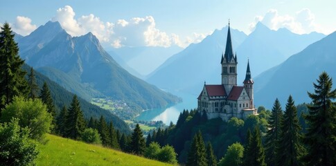 Fototapeta premium Tall mountains and trees in front of a tranquil cathedral, serene, tall