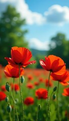 Obraz premium Lush red poppy blooms against a backdrop of green trees and blue sky, poppy, landscape