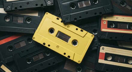 Obraz premium Stacked vintage audio cassettes with a standout bright yellow tape in focus