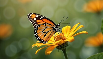 Naklejka premium Monarch butterfly perched on vibrant yellow flower in sunny garden