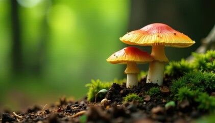 Fototapeta premium Fresh Morel mushrooms sprouting from tree roots, fungi, foraging, growth
