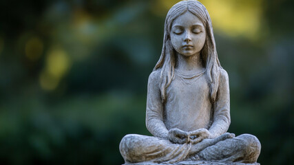 Serene stone statue of a meditative girl with closed eyes against a green background