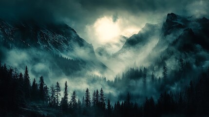 Obraz premium Misty Mountain Valley Sunrise, Dramatic Scenery