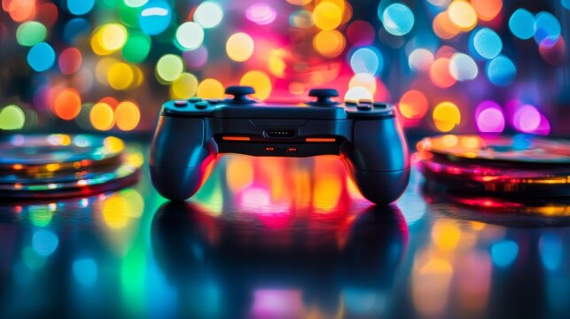 Close-up of a glowing gaming console controller in a modern living room setup, symbolizing video game news and updates. Gaming technology and entertainment concepts.	