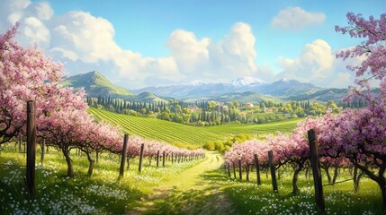 Fototapeta premium idyllic spring vineyard with rolling green hills and blossoming grapevines.