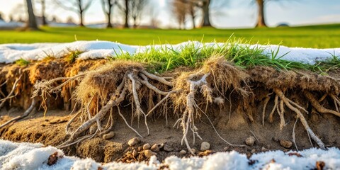 Fototapeta premium Exposed soil and roots in a lawn after winter thaw , earthy, natural world , earthy, natural world , nature, outdoors, winter