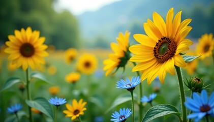 Lush orange sunflowers and sky blue cornflowers planted in a serene landscape, nature, spring, garden