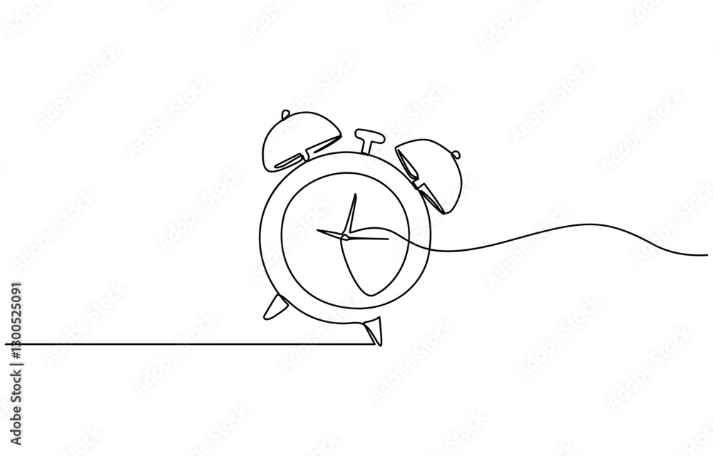 Poster Alarm clock continuous one line drawing, Continuous line drawing of alarm clock. One line of alarm clock. Alarm clock continuous line art. Editable outline.