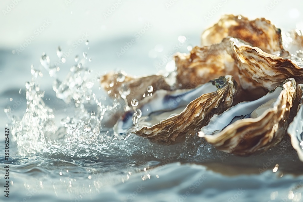Poster open oysters partially submerged in clean water with gentle splashes creating a refreshing and appet
