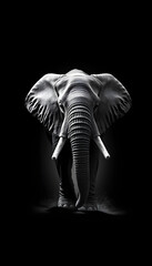 elephant walking out of the shadow into the light digital wildlife art white edition, close-up. with white shades