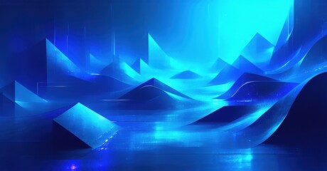Obraz premium Futuristic tech inspired gradient background high energy cyan fading deep cobalt blue fine grainy texture modern geometric formations neon reflections bright colorful