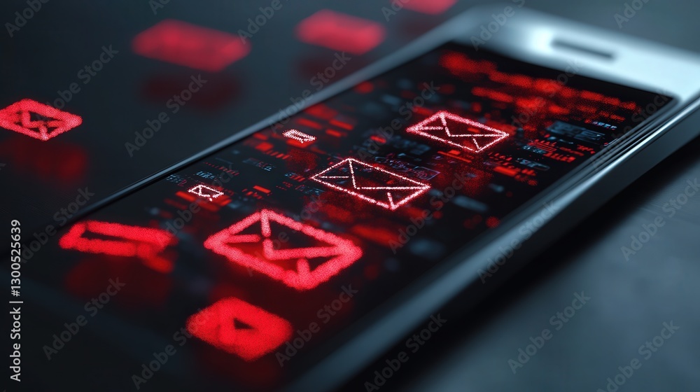 Poster mobile phone displaying phishing text messages, red alerts, and a malware virus warning for an email