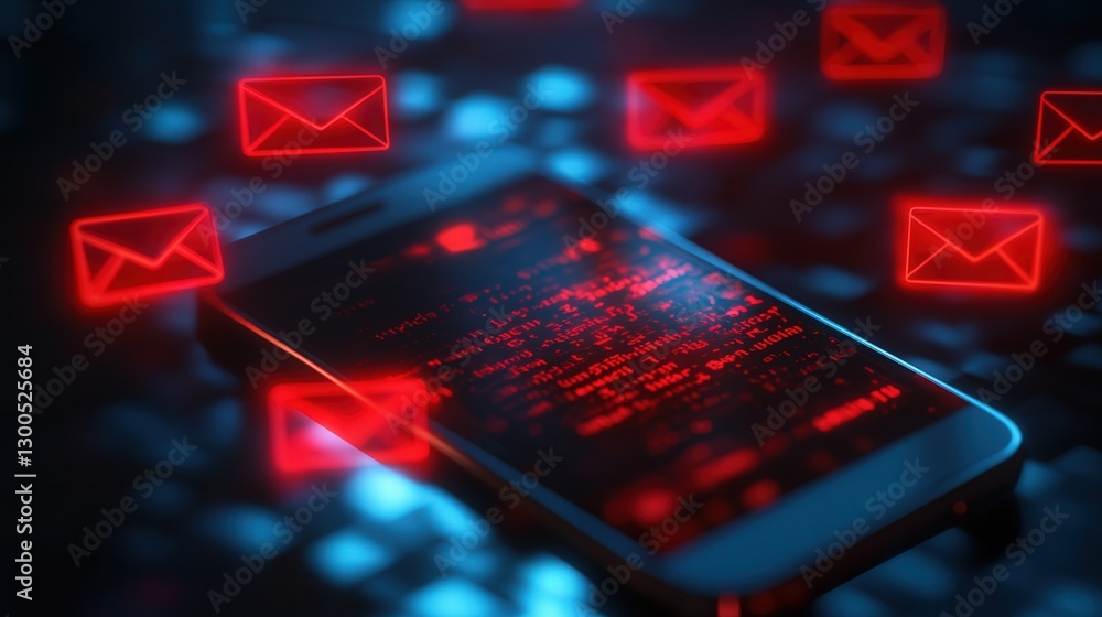 Poster mobile phone displaying phishing text messages, red alerts, and a malware virus warning for an email