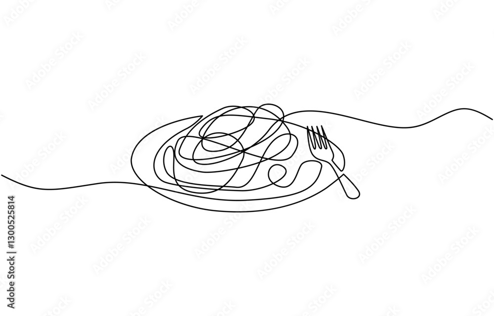 Poster single continuous line drawing of delicious spaghetti with fork, fork with pasta in one continuous l