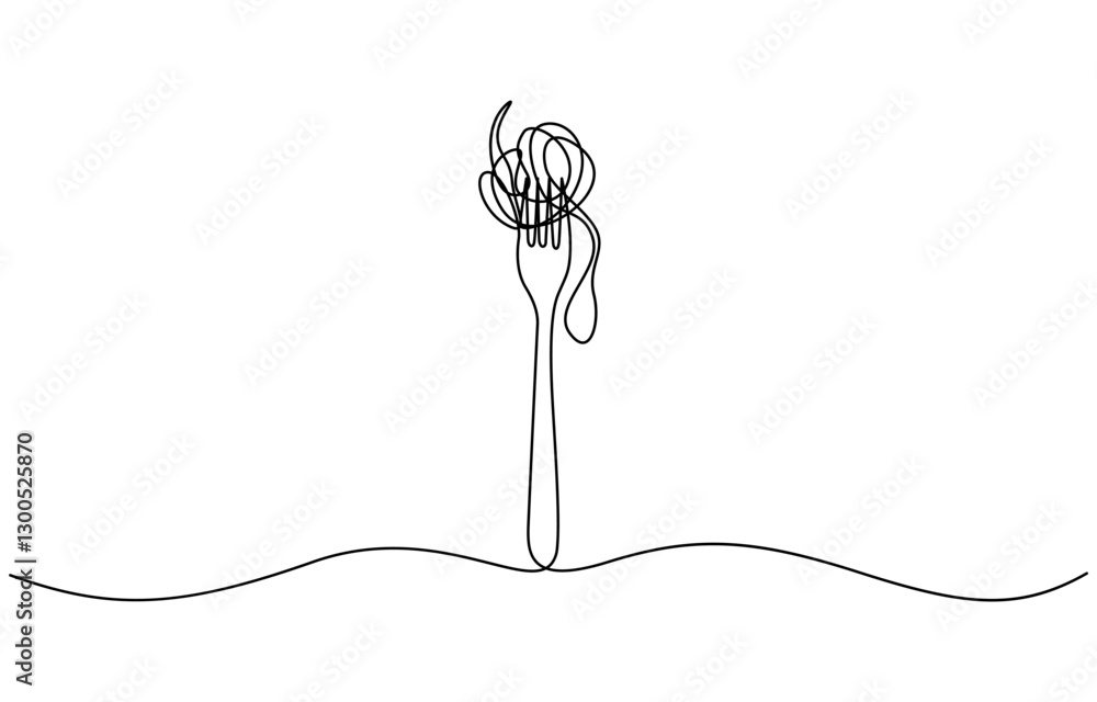 Poster single continuous line drawing of delicious spaghetti with fork, fork with pasta in one continuous l