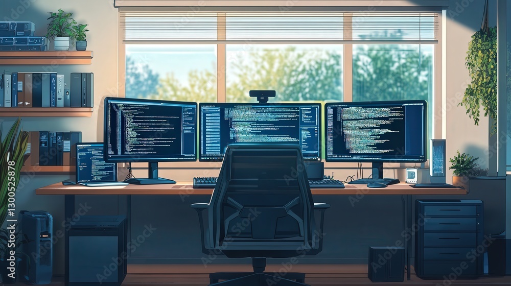 Poster modern home office where an it developer works online, coding software and updating firmware.