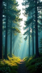 Obraz premium Tall trees and coniferous branches stretching across a serene landscape, forests, serenity