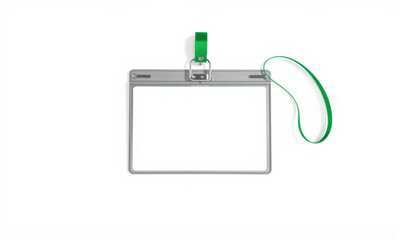 Fototapeta premium Clear badge holder with green strap for identification purposes, ideal for events or conferences. Perfect for displaying name tags or ID cards