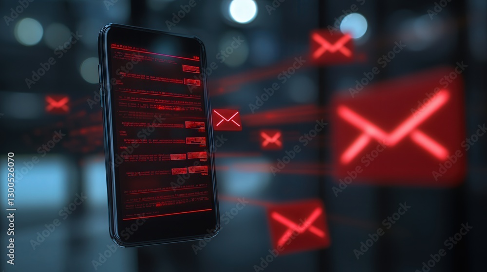 Poster phone screen showing phishing messages with red alerts and malware spreading after an email system h
