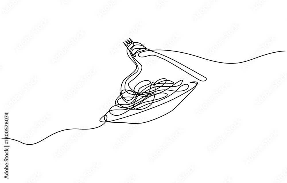 Poster single continuous line drawing of delicious spaghetti with fork, fork with pasta in one continuous l