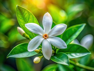 Obraz premium Macro close-up of a pristine white jasmine, sharp focus, lush green leaves blurring softly in the background.