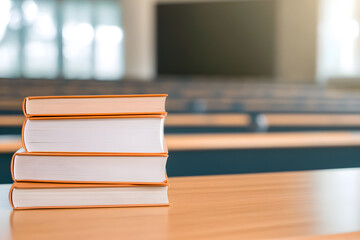 Stack of orange books on a desk in a classroom. Education and learning concept. Back to school and library theme. Copy space. Soft focus.