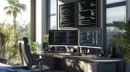 sleek home office where an IT developer is creating a new software update.