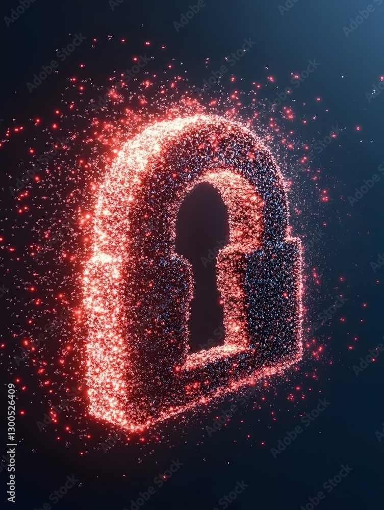 Poster digital lock icon composed of glowing particles on a dark background