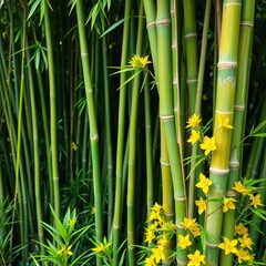 Obraz premium bamboo stalks with green tips, lush green leaves and yellow flowers, plants, nature, landscape