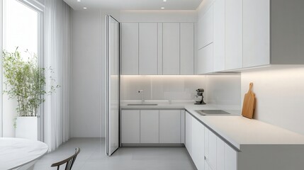 kitchen with white countertops and a folding screen near a white wall, offering privacy, flexibility, and a clean aesthetic