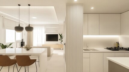 Fototapeta premium kitchen with white countertops and a folding screen near a white wall, offering privacy, flexibility, and a clean aesthetic