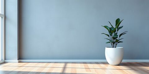 minimalist mockup of a white wall adorned with a vibrant green plant on a polished wood floor,split-color background wall creating a lively and cheerful atmosphere of modern interior design.