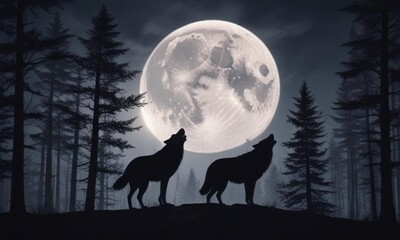 Full moon night forest with howling wolf in silhouette,  wolf,  full moon