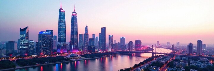 Fototapeta premium Futuristic cityscape at dusk with sleek skyscrapers and neon lights, set against a white futuristic background , skyscrapers, innovation
