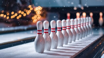 Row of Bowling Pins on Snowy Surface with Falling Snow and Warm Holiday Lights – A Creative Blend of Winter Festivities and Sports, Capturing the Magic of the Season in a Unique Setting
