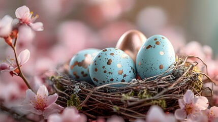 Decorated Easter Eggs in Nest Amid Cherry Blossoms Spring Celebration