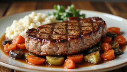 Succulent steak served on bed of roasted vegetables with side of creamy mashed potatoes. 