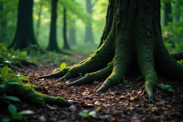 Fototapeta premium Dark forest floor with tree roots and sliver fur texture background, nature, wood