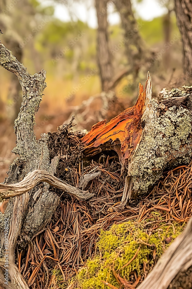 Poster decaying log with moss and lichen in a natural forest setting scene