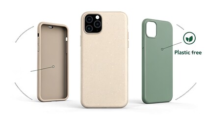 Eco-friendly phone cases in various colors and materials displayed creatively.
