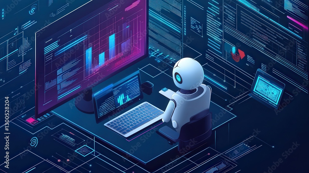 Poster business workspace where ai technology enhances data analysis, trend forecasting, and task automatio