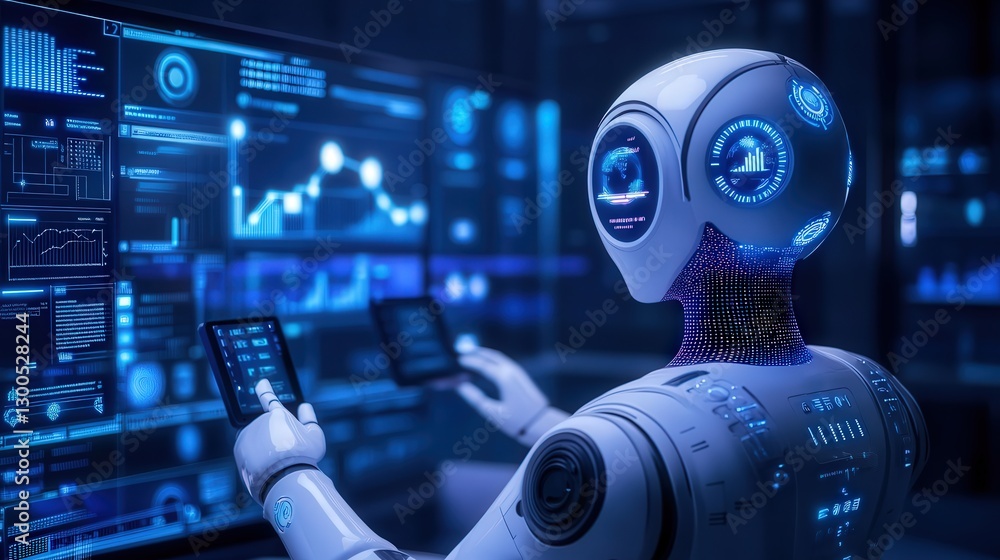 Poster business workspace where ai technology enhances data analysis, trend forecasting, and task automatio