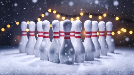 Winter Wonderland Bowling Scene – Classic Bowling Pins Lined Up in Snow with Gentle Snowflakes and Festive Bokeh Lights, Perfect for Holiday-Themed Sports or Recreational Concepts