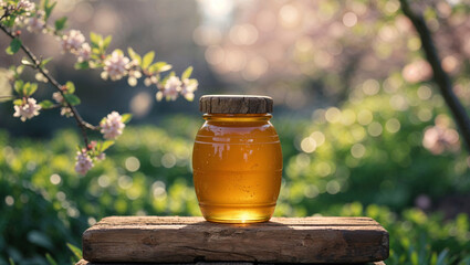 A jar of pure honey rests on wood, embraced by the soft glow of spring blossoms.