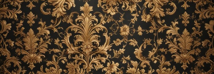 Intricate damask design with golden foliage accents, damask,  high quality,  floral pattern