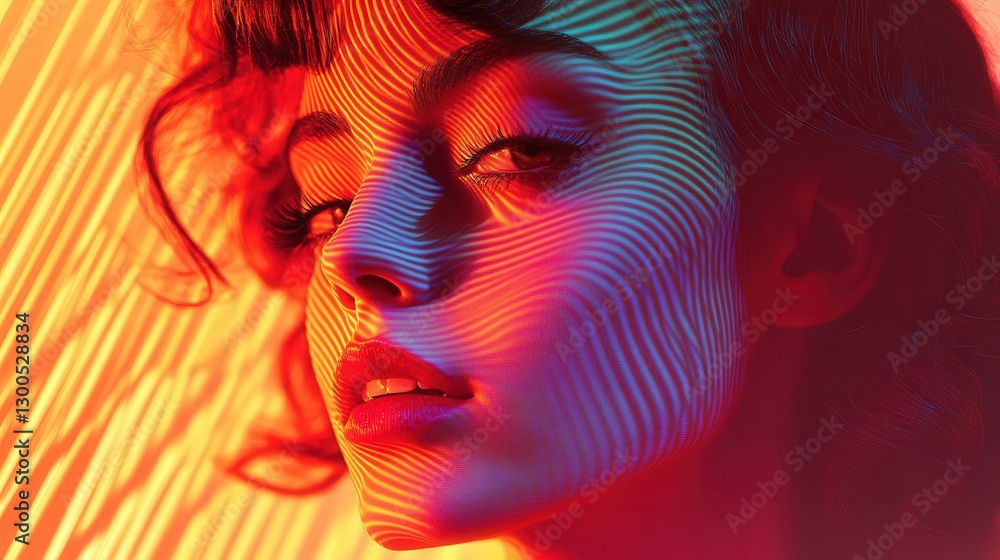Poster intricate geometric holographic pattern, where shapes and lines shift in color with changing angle