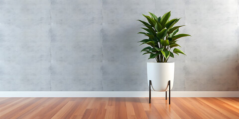 minimalist mockup of a white wall adorned with a vibrant green plant on a polished wood floor,split-color background wall creating a lively and cheerful atmosphere of modern interior design.