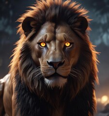 Naklejka premium Lion in digital fantasy art with glowing eyes, Wildlife, Animal