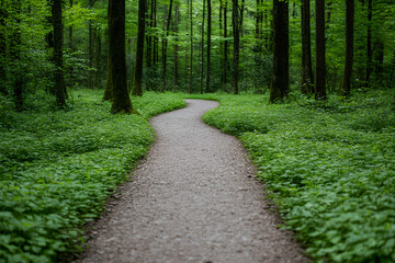 Winding path through a lush green forest, inviting exploration and a connection with nature. Tall trees create a serene and peaceful atmosphere.