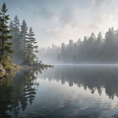 Misty morning fog rolling over the calm waters of a peaceful lake ,  water textures,  lake